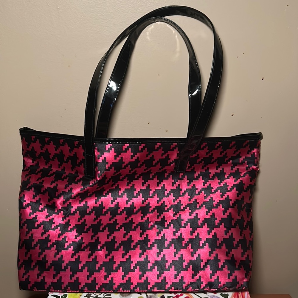 Dark Pink and Black patterned silky tote with black patent leather straps
